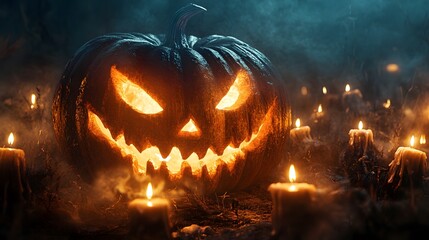 Spooky Halloween pumpkin lantern surrounded by glowing candles, creating an eerie and haunting atmosphere in the dark night.