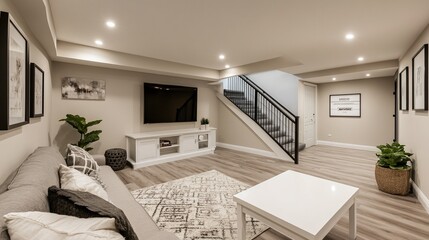 A beautifully renovated basement with a white countertop and a stylish staircase, providing an inviting atmosphere in a spacious layout