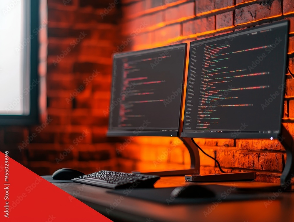 Poster modern workplace with dual monitors displaying code and illuminated brick wall background