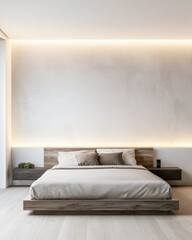 Modern bedroom interiors with a stylish bed, a large window and warm led lighting