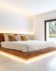 Modern bedroom interiors with a stylish bed, a large window and warm led lighting