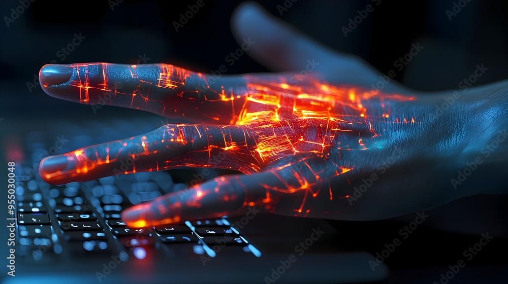 Poster glowing red hands illustrating keyboard and mouse usage pain