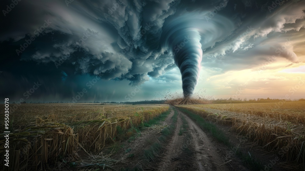 Poster a tornado is blowing through a field of tall grass