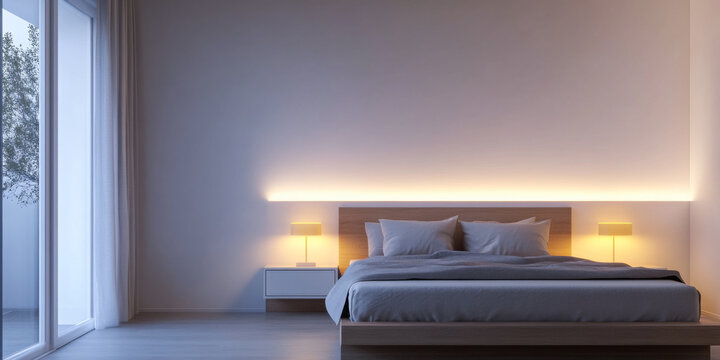 Modern bedroom interiors with a stylish bed, a large window and warm led lighting