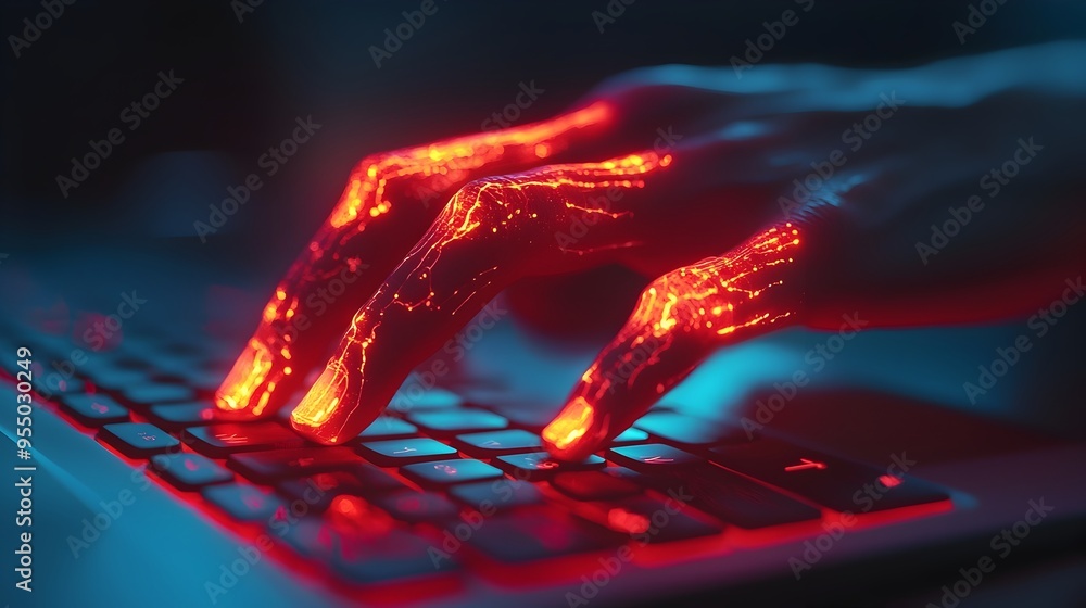 Poster glowing red areas on hand symbolize keyboard and mouse usage pain