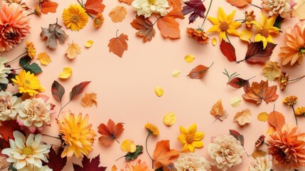Colorful autumn flowers and leaves arranged on a soft peach background, creating a seasonal floral frame with vibrant hues