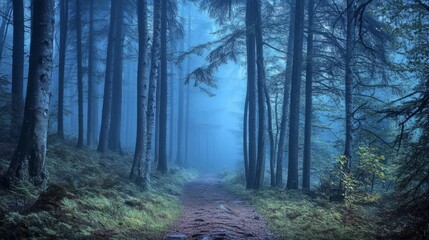 Naklejka premium A misty forest path leads through a dense stand of trees, creating a sense of mystery and wonder.
