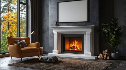 A cozy living room with a fireplace, a comfortable armchair, and a blank wall frame above the mantel, with warm tones creating a tranquil environment