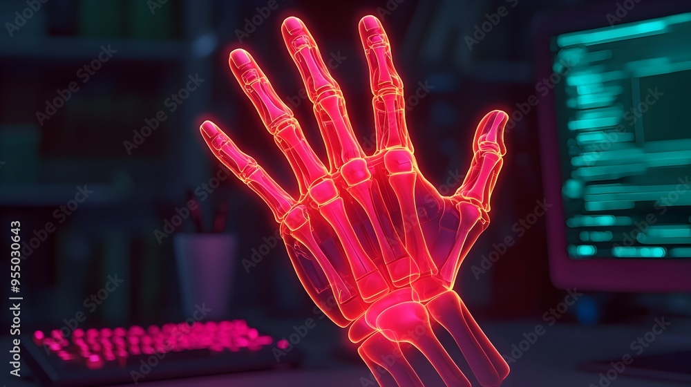 Poster highlighted hand highlighting painful areas from prolonged computer use