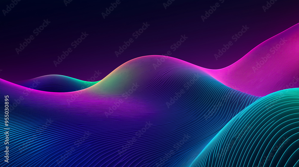 Poster abstract 3d waveform with vibrant gradient lines and smooth curves, computer digital screen backgrou