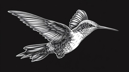 Obraz premium hummingbird in mid-flight, showcasing its intricate feather patterns and graceful movement sketch engraving generative ai vector illustration. Scratch board imitation. Black and white image