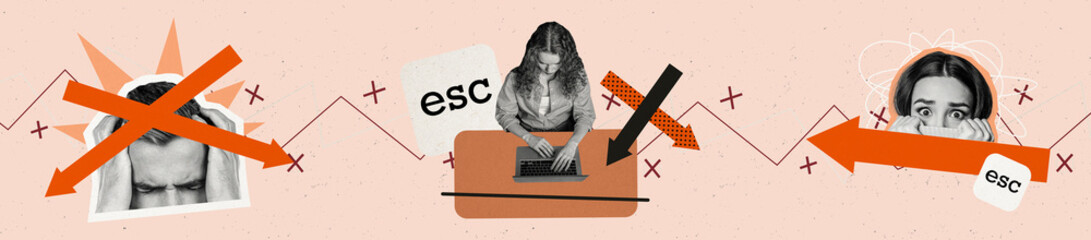 Creative abstract template collage panorama of tired workers esc frightened overloaded frustrated...