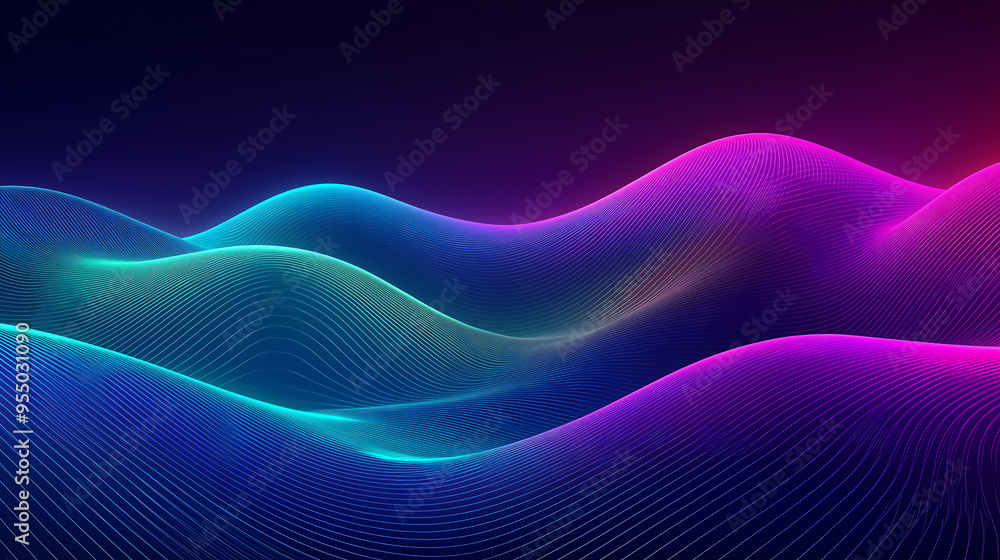 Poster abstract 3d waveform with vibrant gradient lines and smooth curves, computer digital screen backgrou