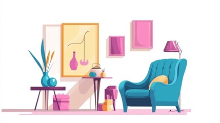 Fototapeta premium Living room decor template with poster, armchair, table, lamp, vase, and accessories.