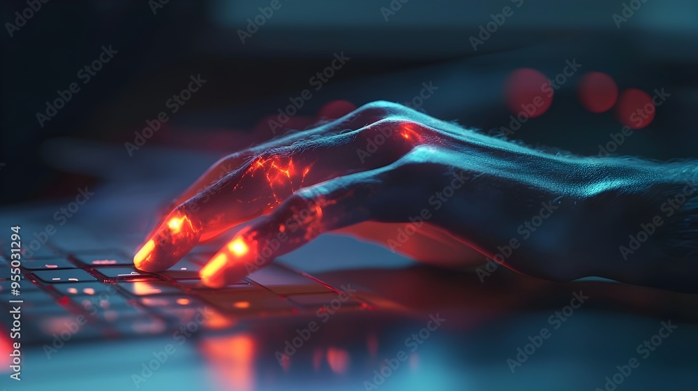 Poster glowing wrist from intense computer mouse usage symbolizing discomfort and ergonomic injury