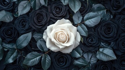 Top view of a white rose surrounded by black roses, conveying themes of purity, loss, and sorrow. Copy space provided for added text.