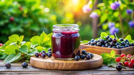 a jar of jam with a bunch of blueberries on a wooden board.