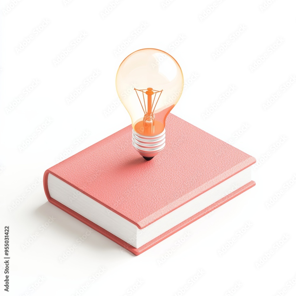 Poster a cute 3d render of a book with a tiny light bulb hovering above it, representing learning and ideas