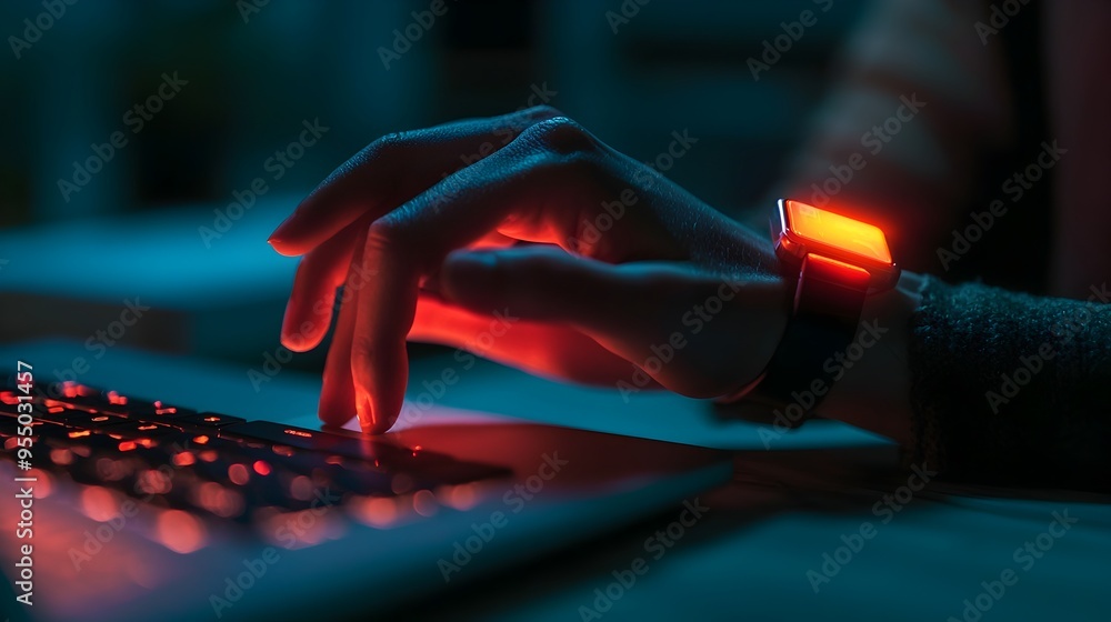 Poster hand holding wrist in pain after typing and mouse usage with red highlights symbolizing strain