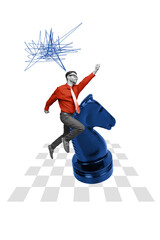 Vertical creative composite illustration photo collage of purposeful successful man riding chess knight isolated on white color background © deagreez