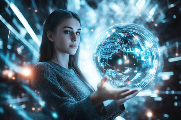 Naklejka premium Woman gazing at blue glowing orb in techno setting