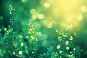 Obraz premium Delicate yellow wildflowers illuminated by sunlight in a vibrant green meadow during springtime