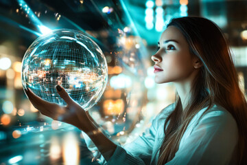 Naklejka premium Person with illuminated sphere in futuristic setting
