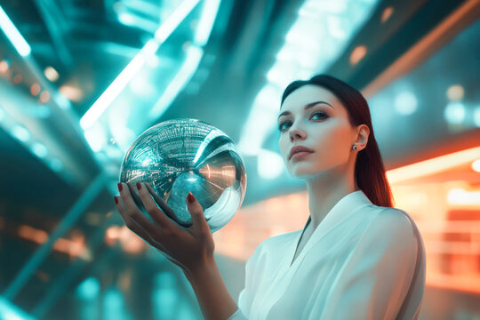 Woman holding reflective orb in neon-lit setting