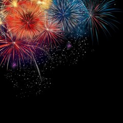 colorful fireworks on the black sky background with free space for text. Celebration and anniversary concept