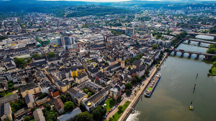 Aerial of the downtown around the city Koblenz in Germany on a sunny day