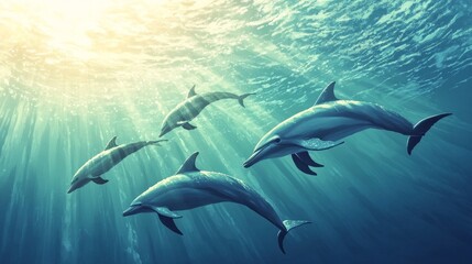 Fototapeta premium A serene underwater scene featuring dolphins swimming gracefully in sunlit water.