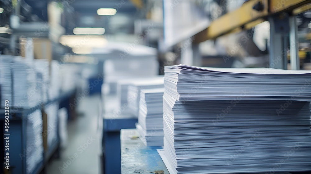 Aufkleber stacks of printed materials being processed and sorted in a busy printing facility