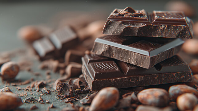 Close-Up of Dark Chocolate Bars with Cocoa Beans