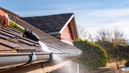 cleaning spring rain gutters with a pressure washer,