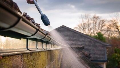 cleaning spring rain gutters with a pressure washer,