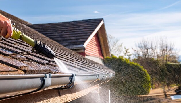 cleaning spring rain gutters with a pressure washer,
