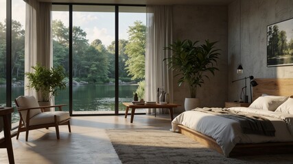 Naklejka premium Minimalist Modern Bedroom by a River