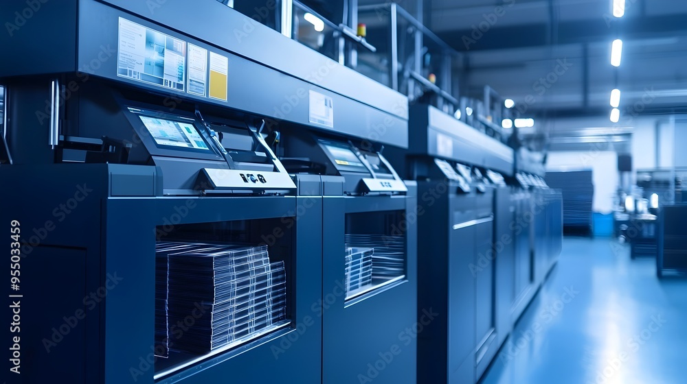 Poster digital printing machines producing images and text in modern print shop