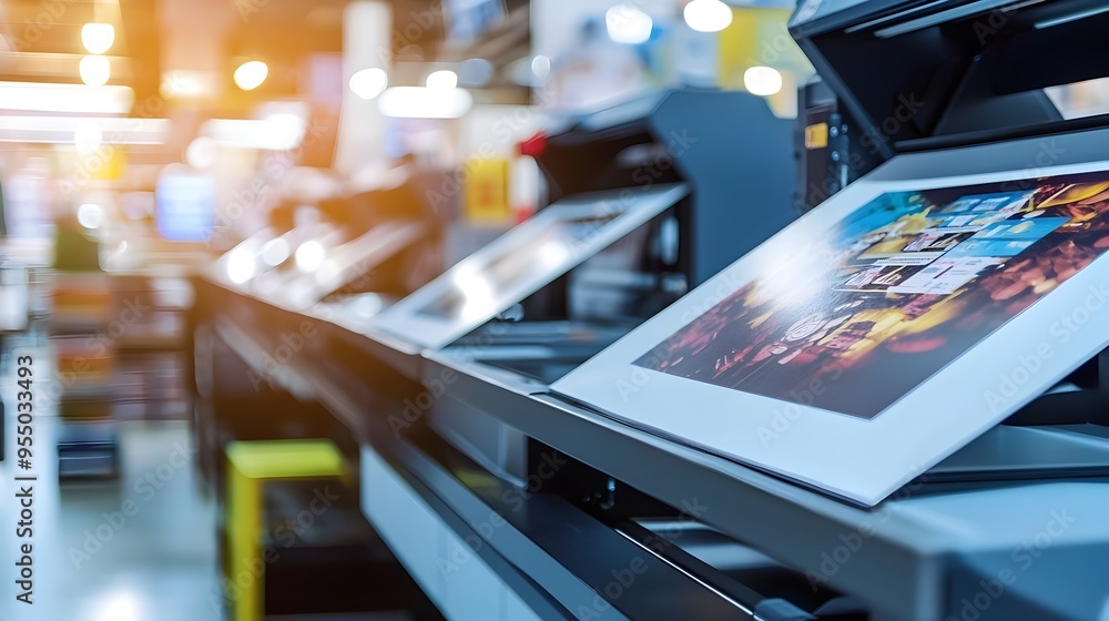 Poster digital printing machines producing images and text in a modern print shop