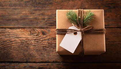 Brown Christmas gift box with a blank tag on rustic wooden table 