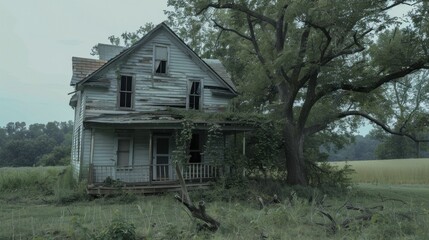 Fototapeta premium Abandoned old house surrounded by overgrown vegetation and a large tree in a desolate field