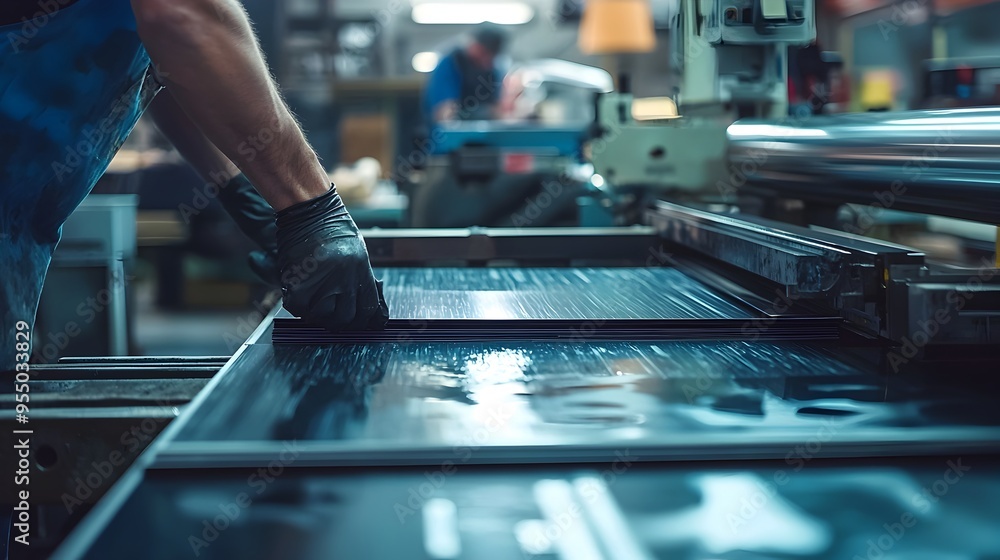 Poster close-up of offset printing plates being prepped in a busy printing facility