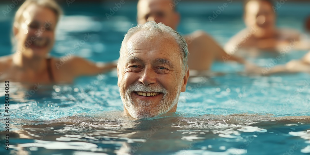 Poster a man in a pool with his head above water smiling. the man is smiling and he is enjoying himself