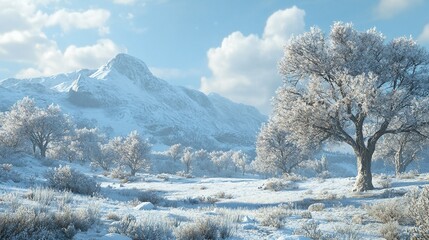 Winter landscape with frosty trees and a mountain view suitable for a copy space image