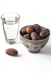 Dates in Decorative Bowl with Glass of Water on White Background, Iftar Meal Preparation