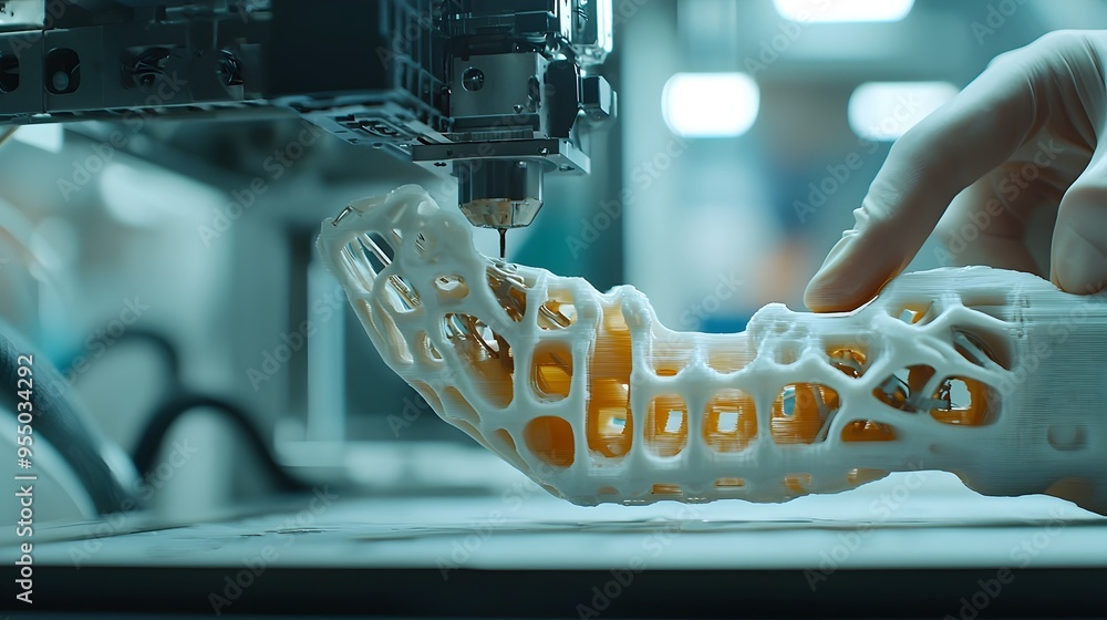 Poster 3d printer constructing advanced prosthetic limb with intricate layered structure