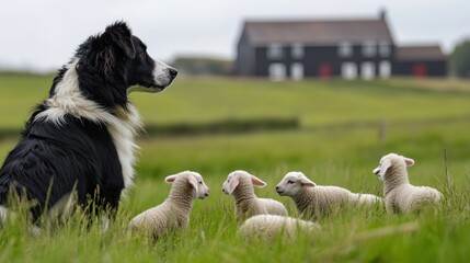 Fototapeta premium Border Collie and Lambs in a Green Field