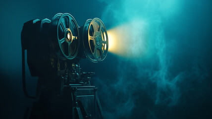 A 3D render of an old film projector with reels, casting light onto a screen in a dark room