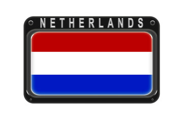 The flag of Netherlands in the frame with rivets on white background