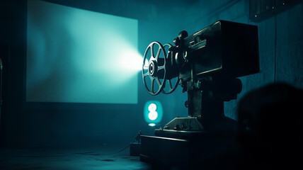 A 3D render of an old film projector with reels, casting light onto a screen in a dark room